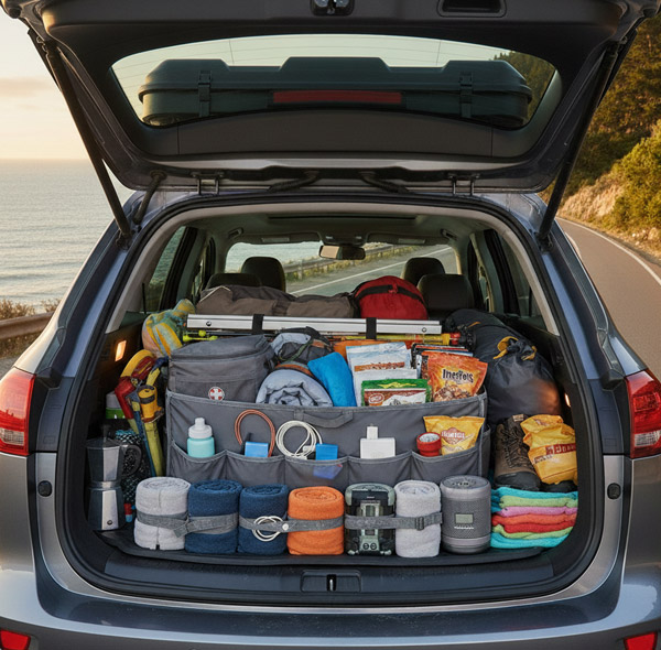 organisation du coffre pour un voyage en voiture